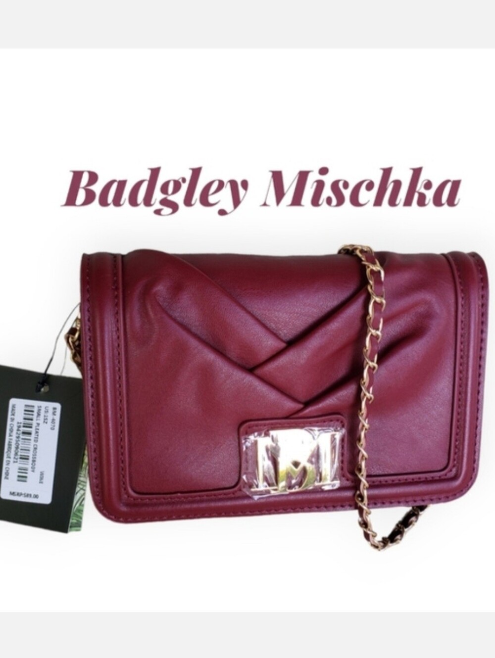 NWT BADGLEY MISCHKA Pleated Wine Colored Crossbody Bag